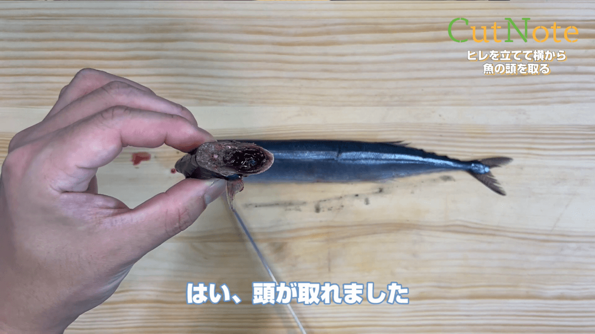 ヒレを立てて横から魚の頭を取る